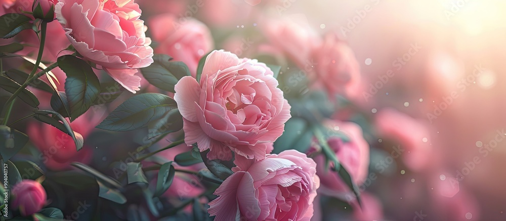 Poster close up image of pink peony roses in various sizes with copy space image