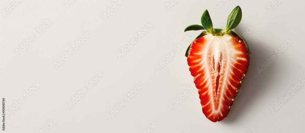 Poster A sliced strawberry displayed on a white backdrop to emphasize the detail with room for additional designs in a copy space image