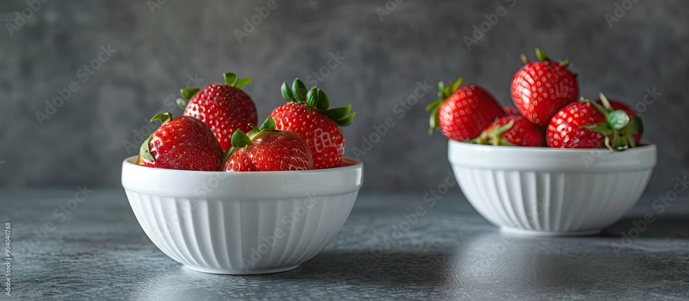 Poster strawberry filled bowls presented on a grey tabletop with ample copy space image provided