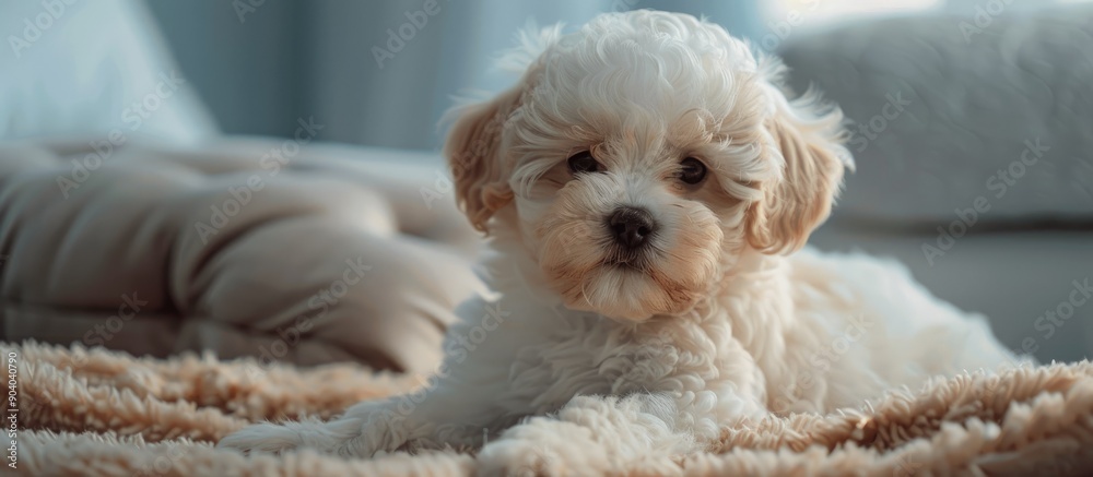 Poster Maltipoo puppy resting in a modern environment with copy space image in a lovely home setting