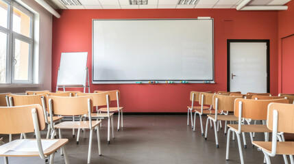 Bright classroom setting featuring interactive whiteboard and empty student desks for learning activities