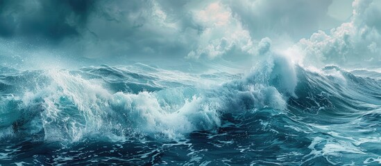 Panoramic format of stormy blue sea with breaking wave copy space image