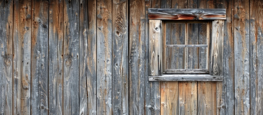 Poster old rustic window on a wooden attic wall serving as a template for a copy space image with empty whi