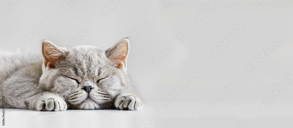 Poster young cute british shorthair cat peacefully asleep in a photograph with a blank space for text or gr