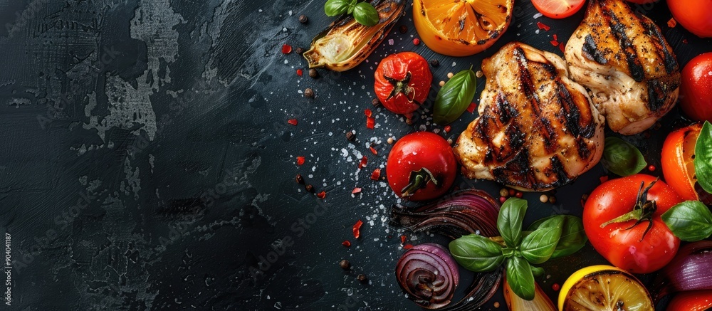 Poster delicious grilled vegetables and chicken create an appetizing copy space image