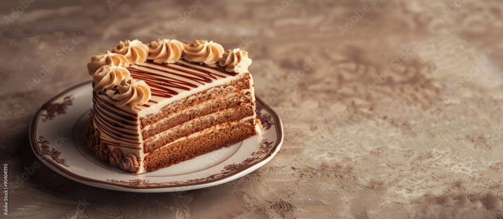 Poster delicious cake on a plate with a swirling design and copy space image