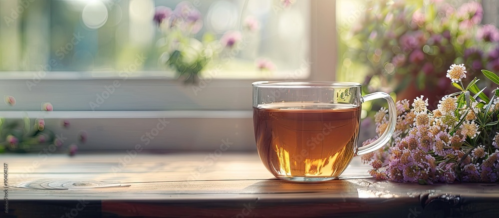 Poster a glass cup with herbal tea and tutsan flowers creates a serene setting on the table with copy space