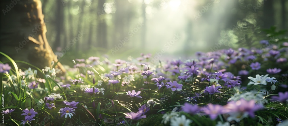 Poster Soft purple flowers of the sleep grass in a spring forest create a charming scene with copy space image