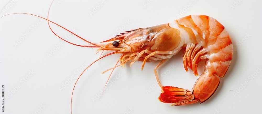 Poster Raw shrimp with a clean white background providing a copy space image