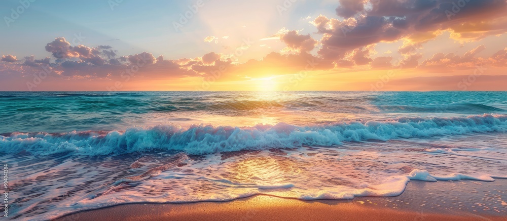 Poster beautiful summer beach landscape at sunset with vibrant colors reflecting in calm waves featuring a 