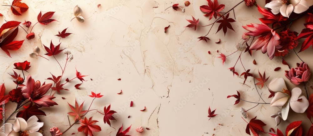 Aufkleber A detailed view showing flowers and fresh maple leaves against a backdrop of a blank space for image placement. . image with copy space