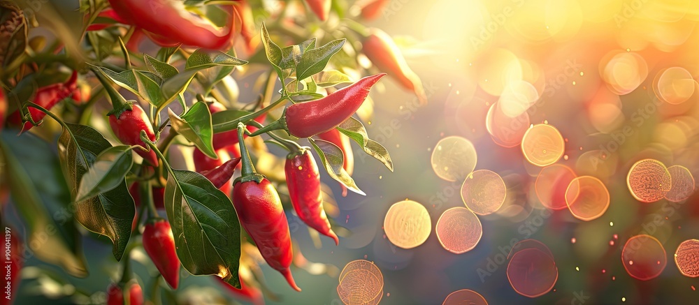 Poster Fresh chilies grow on a tree in a close up image with a blurred background highlighting the vibrant colors and textures creating a dynamic copy space image