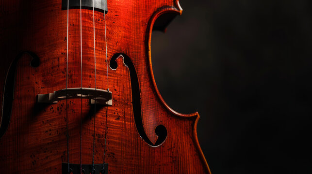 Close-up view of a cello's body and strings highlighting craftsmanship and detail in soft lighting