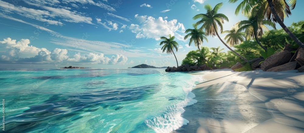 Poster Excited and prepared for a summer getaway to a tropical beach paradise with swaying palm trees perfect for a relaxing escape. . image with copy space