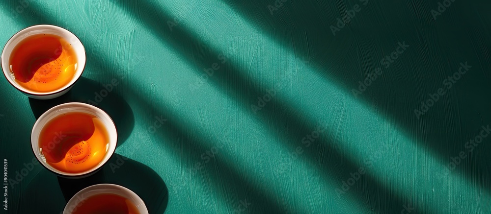 Poster tea cups placed on a vibrant green surface with copy space image