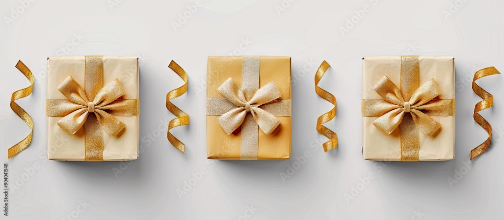 Poster gift boxes with bows and tape ties on a white background suitable for copy space image