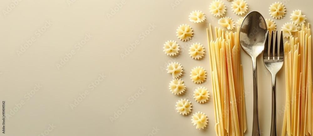 Poster italian pasta spoon and fork arranged in a composition with copy space image allocated