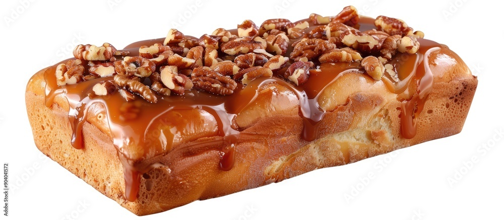 Poster A loaf of bread topped with nuts and caramel set against a white backdrop ideal for adding text or graphics as a copy space image