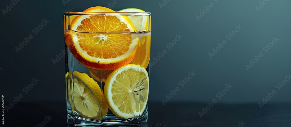 Aufkleber freshly sliced oranges and lemons arranged on glass with copy space image available
