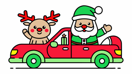 Stunning Vector Line Art of Christmas Santa and Reindeer Driving Car on White Background