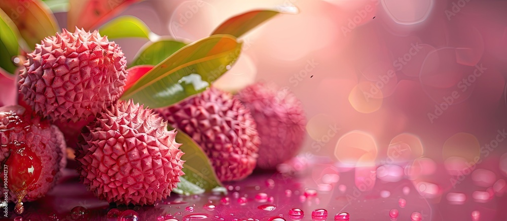 Poster close up image of ripe lychee fruits with copy space image