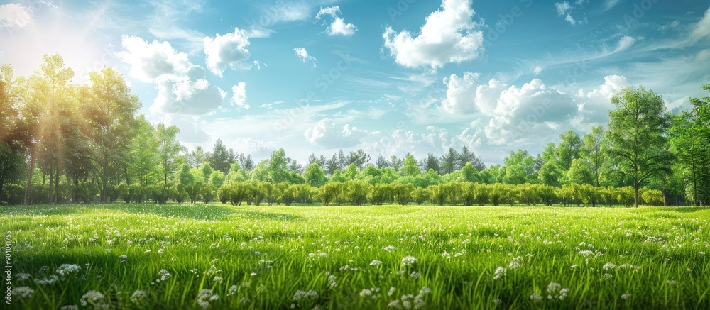 Poster picturesque green meadow with a backdrop of trees perfect for a copy space image