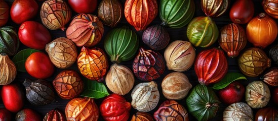 A variety of colorful Betel nuts arranged together ready for export with space for text or image. . image with copy space