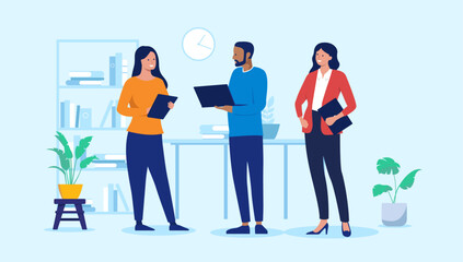 Office people with computers - Team of three business people standing holding laptops in hand talking and discussing work and project while smiling. Flat design vector illustration on blue background