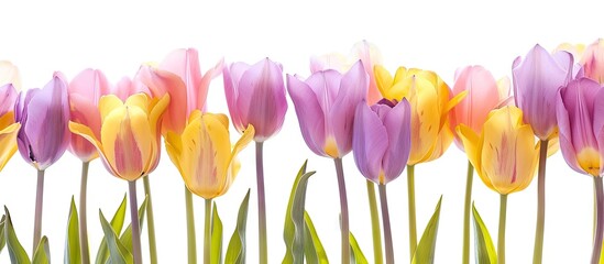 Spring tulips in yellow and purple colors against a white backdrop perfect for a copy space image