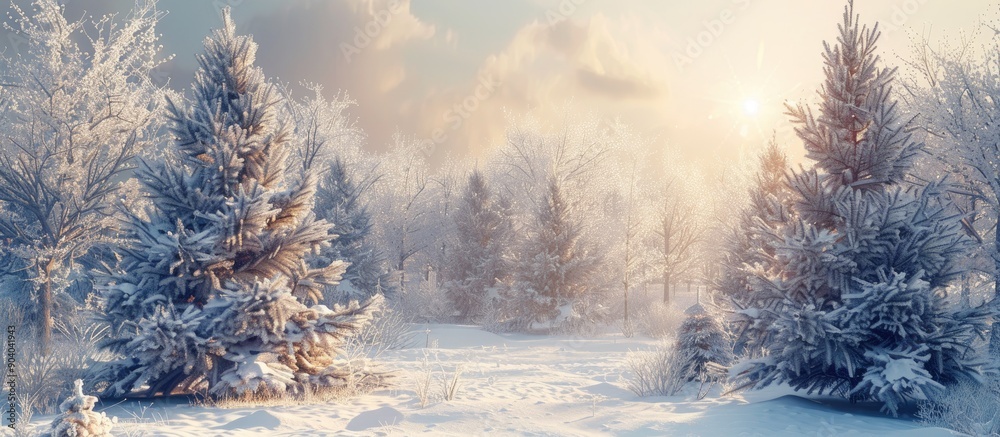 Poster winter scene with snowy trees creating a holiday themed copy space image perfect for christmas and n