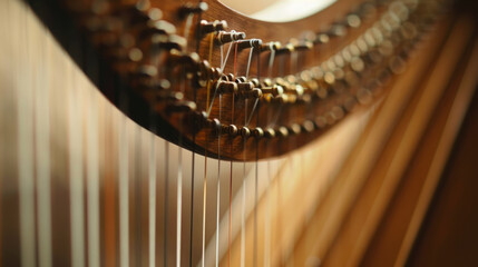 Close-up view of harp strings showcasing intricate design and craftsmanship in a serene setting