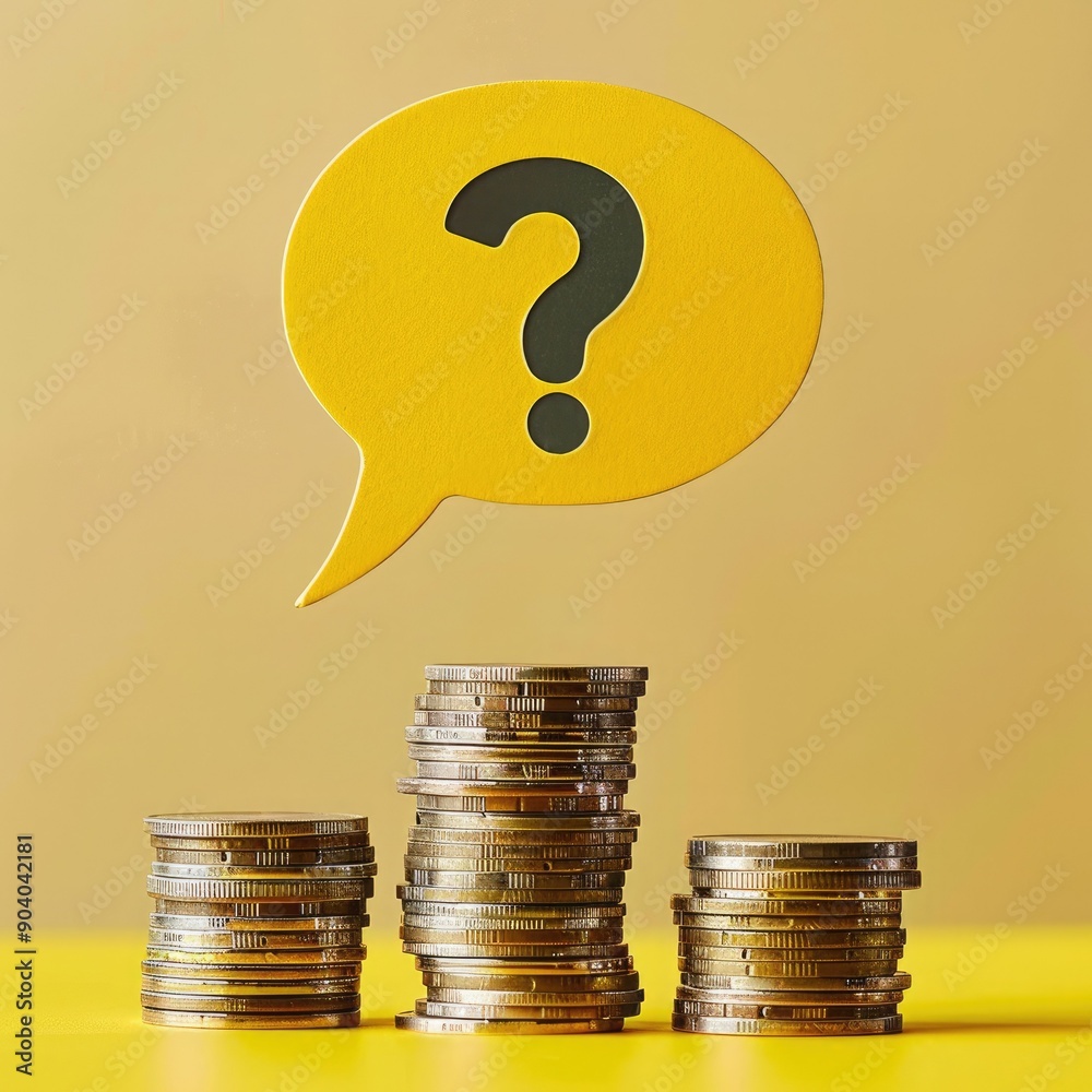Aufkleber A yellow speech bubble with a question mark balancing on multiple stacks of coins. 