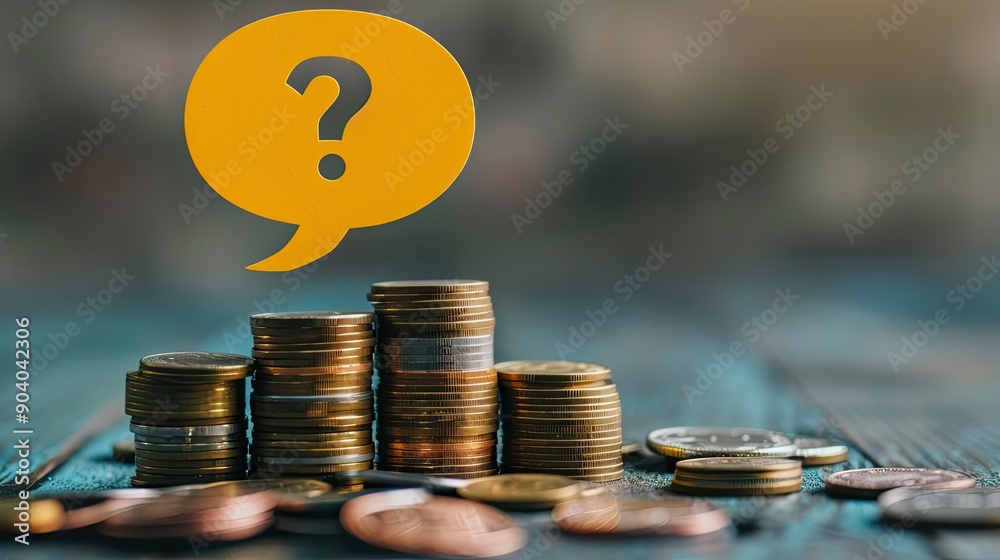 Poster A yellow speech bubble with a question mark balancing on multiple stacks of coins. 
