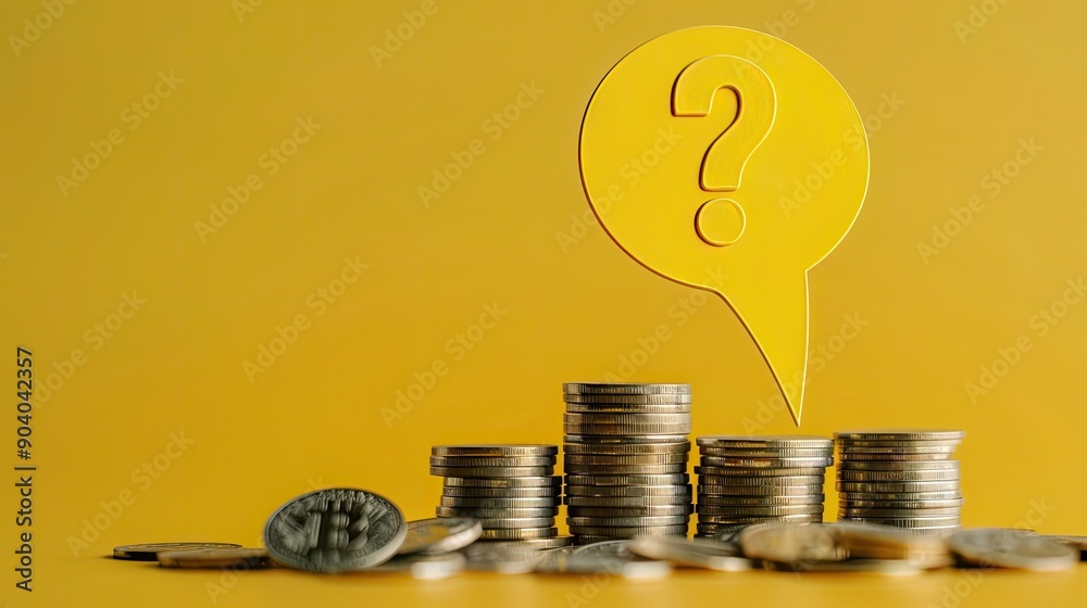Aufkleber A yellow speech bubble with a question mark balancing on multiple stacks of coins. 