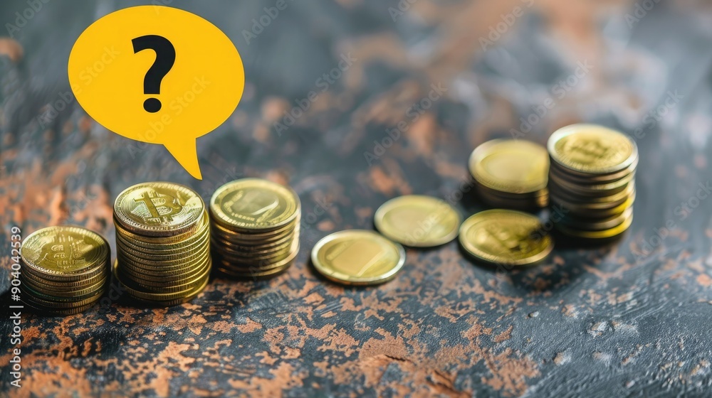 Aufkleber A yellow speech bubble with a question mark on top of distinct coin stacks.