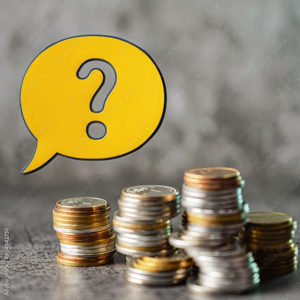 Poster A yellow speech bubble with a question mark placed over stacks of coins, representing budget uncertainty. 