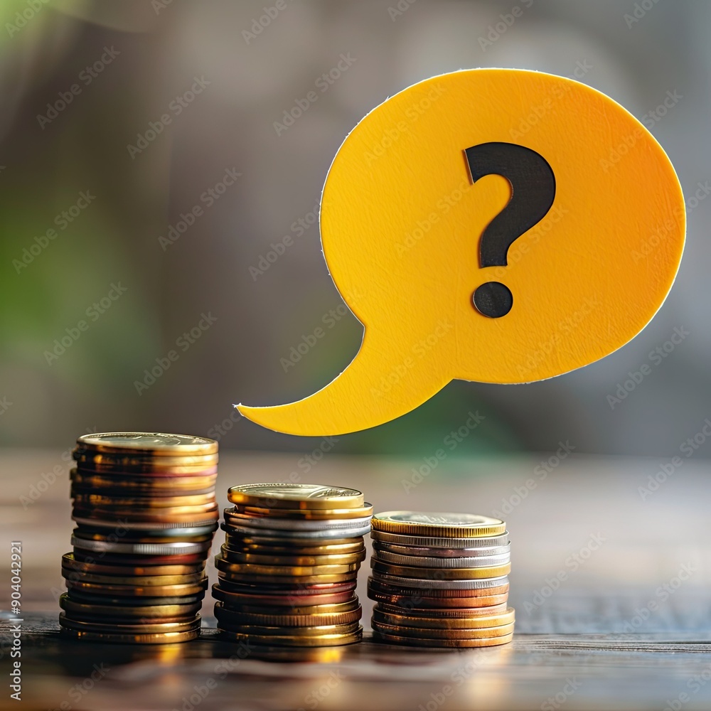 Aufkleber a yellow speech bubble with a question mark placed over a stack of coins, with a blurred background.