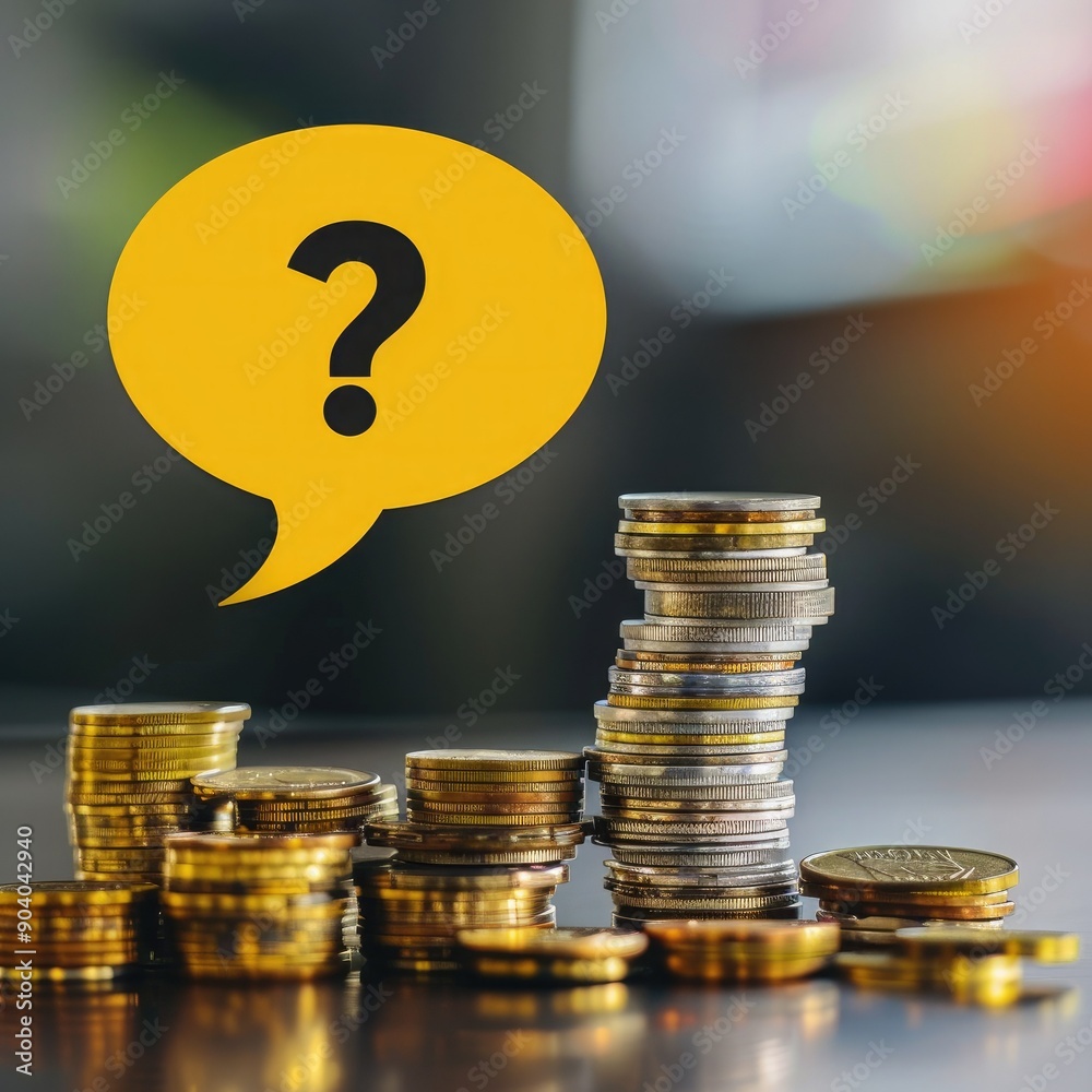 Poster A yellow speech bubble with a question mark placed over a stack of coins, with a blurred background.