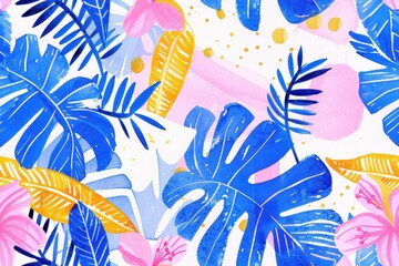 Tropical Watercolor Illustration with Blue and Yellow Leaves and Pink Flowers on a White Background