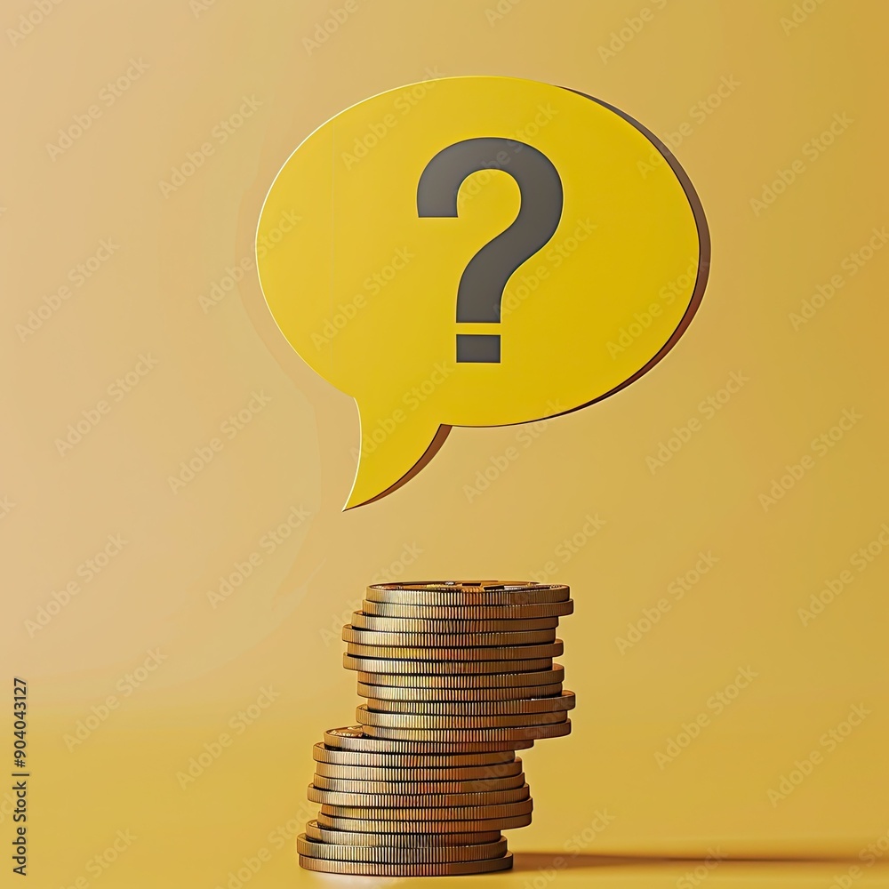 Poster A yellow speech bubble with a question mark sitting atop a large stack of coins. 