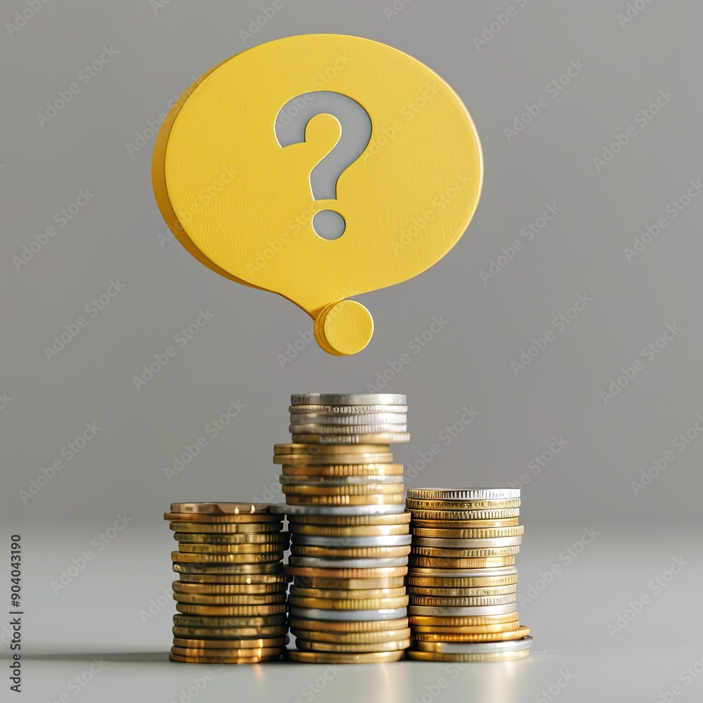 Poster A yellow speech bubble with a question mark sitting atop a large stack of coins. 