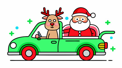 Stunning Vector Line Art of Christmas Santa and Reindeer Driving Car on White Background