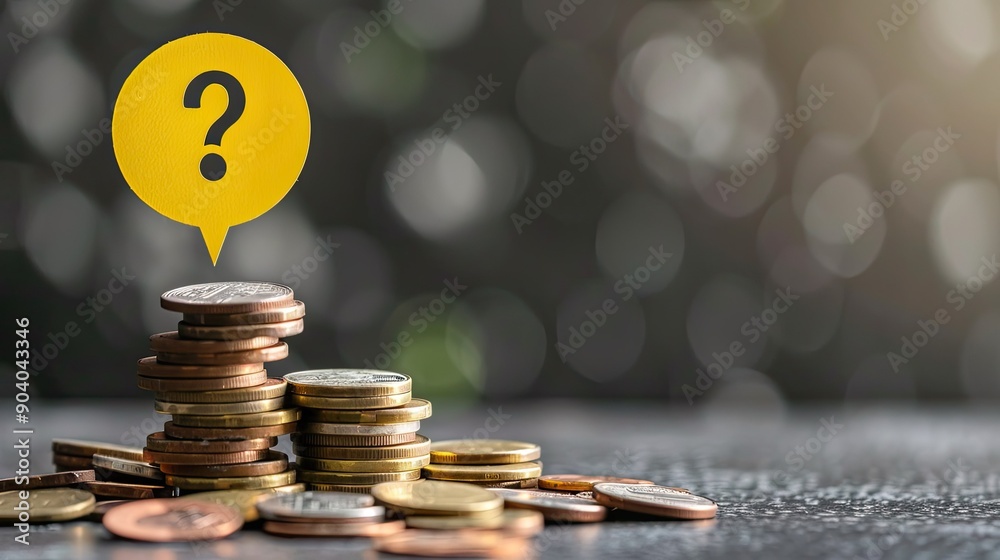 Poster A yellow speech bubble with a question mark sitting atop a large stack of coins. 