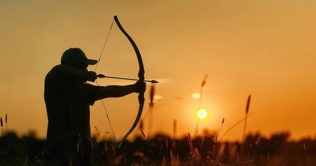 Man archer takes aim at sunset, silhouetted against golden sky. Outdoor training, active hobby.