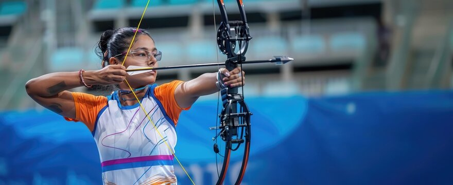 Determined archer aiming compound bow with precision. Skill and concentration