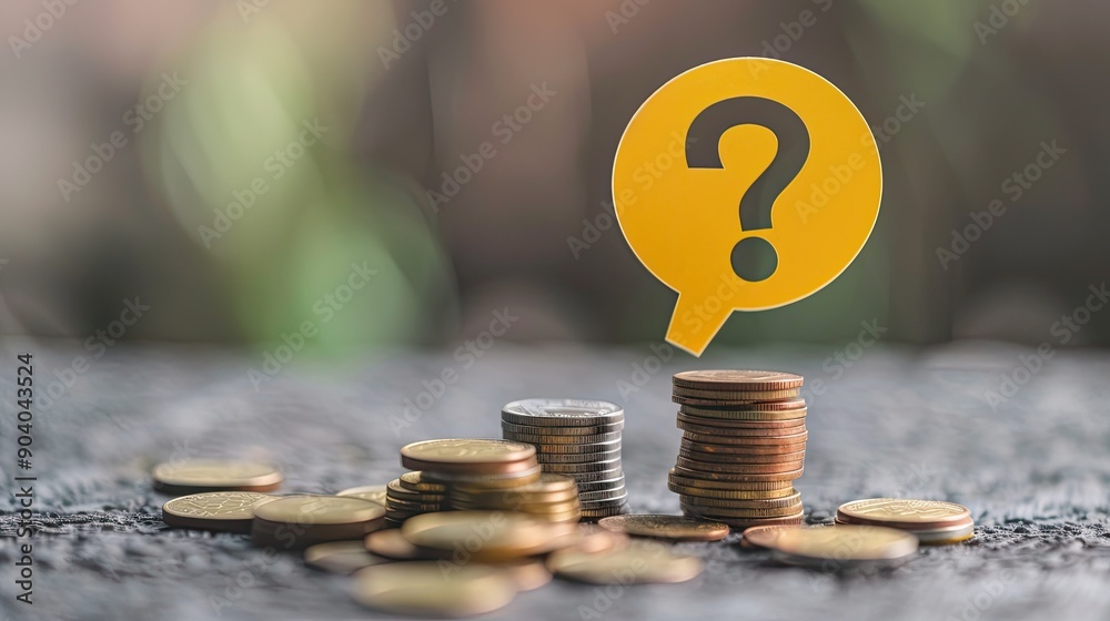 Aufkleber A yellow speech bubble with a question mark sitting on different levels of coin stacks. 