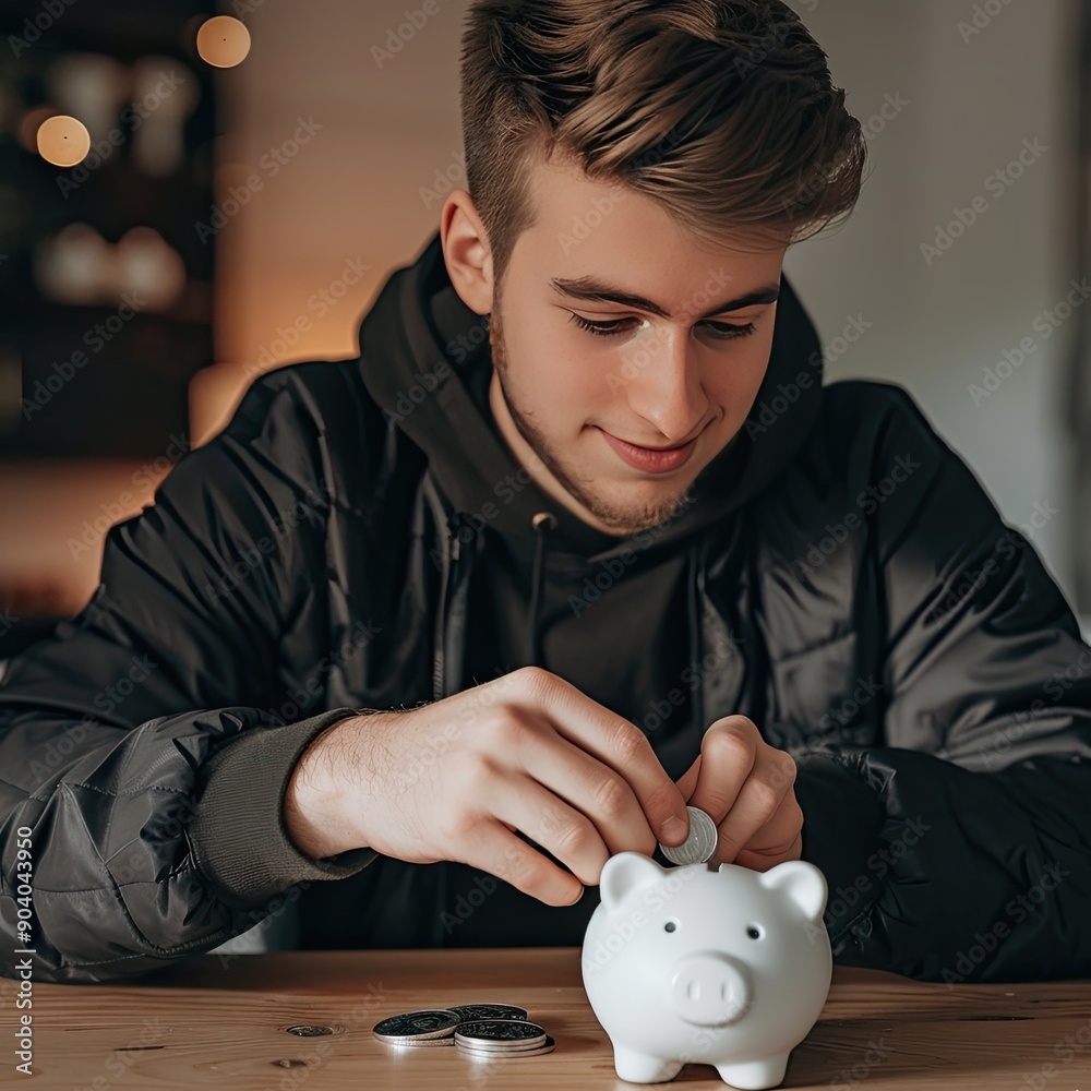 Poster a young man inserting a coin into a white piggy bank, showing his commitment to investing for the fu