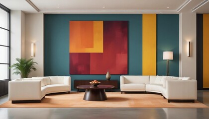 Elegant corporate lobby with contemporary furniture and abstract art
