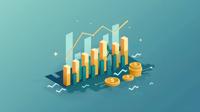 Isometric illustration of a rising bar chart with gold coins symbolizing financial growth and success.