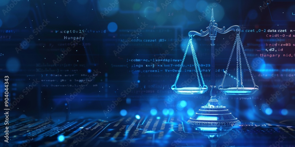 Poster the intersection of law and technology analyzing modern justice systems in the evolving digital age,